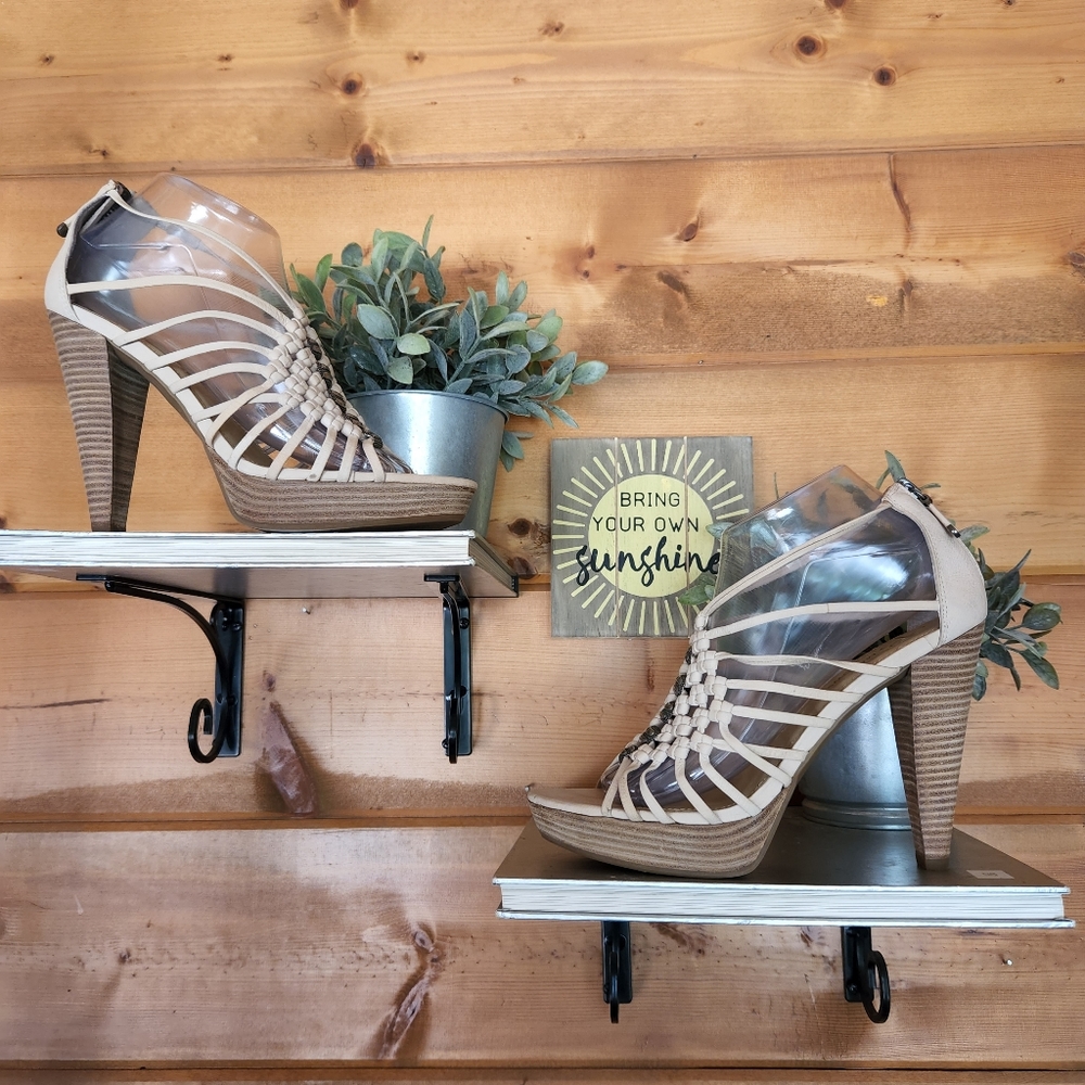 B. Makowsky 💜 Anna Taupe Leather Platform Heels Caged Woven Beads Boho Shoe 9 M